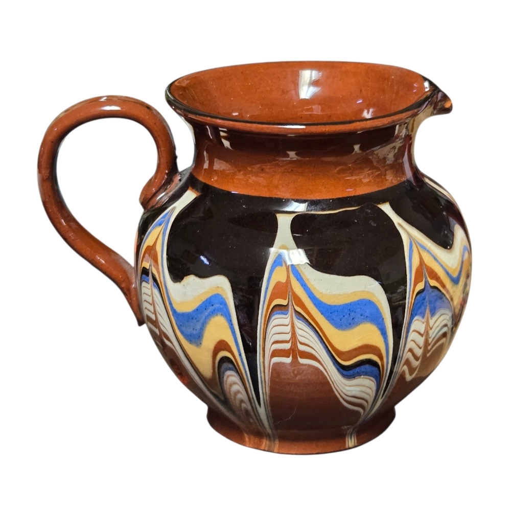 vintage Bulgarian pottery slipware creamer red clay with ripples of color